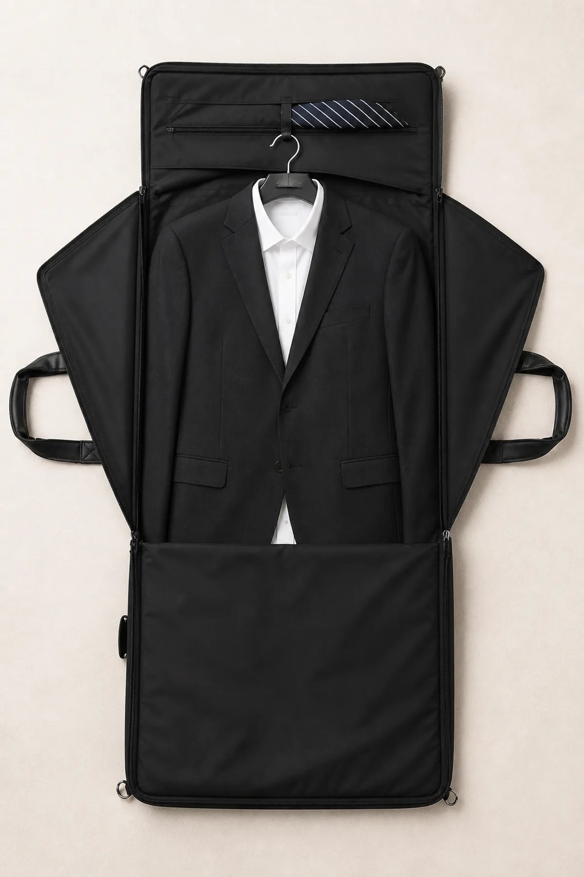 Black garment duffel opened flat with a suit secured inside